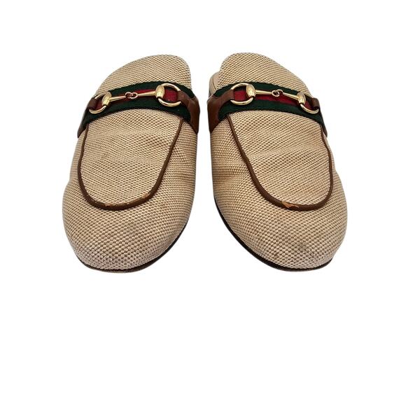 Gucci Princetown Horsebit Flat Mule Slipper Canvas Beige Web Stripe Size 38 US 8 - Picture 4 of 13